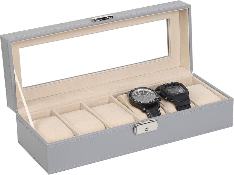NEX Watch Case, 6 Slot Leather Watch Box Display Case Organizer Glass Jewelry Storage - Image 1